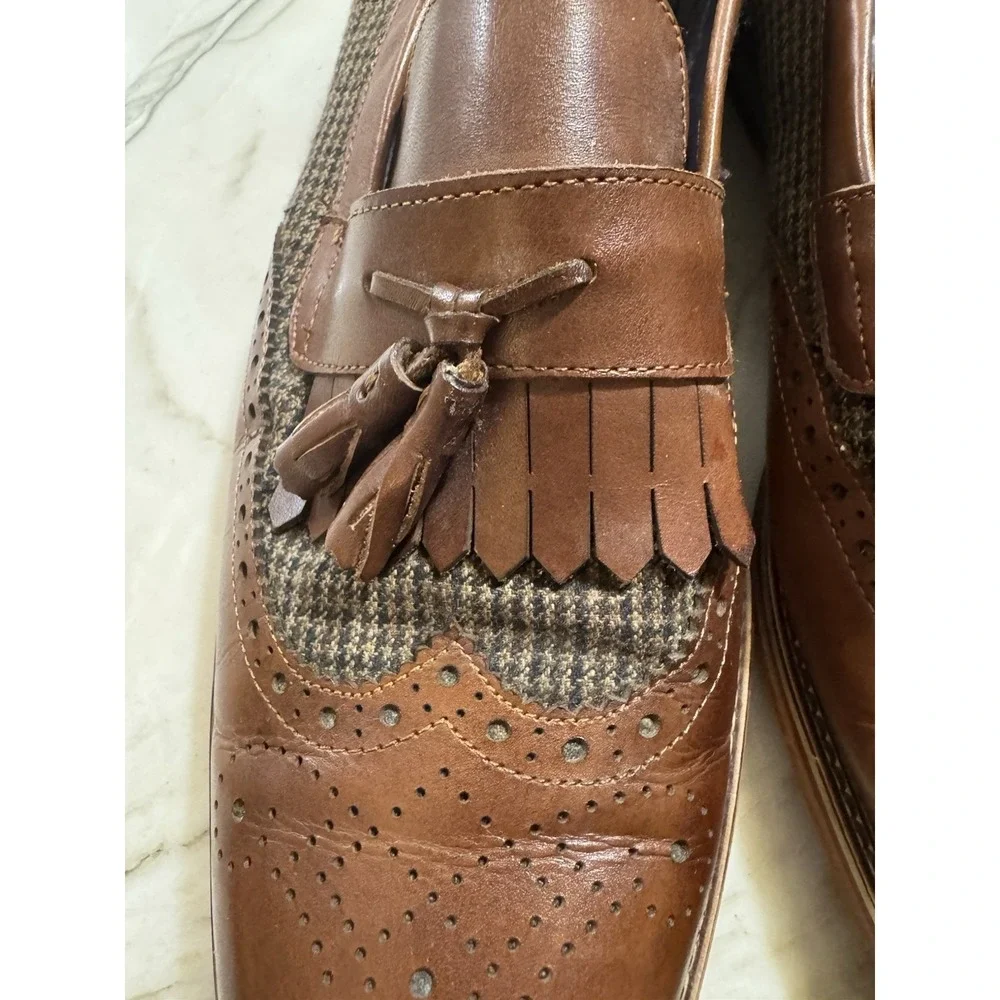 Vintage Foundry Co Wingtip Tassel Loafers Brown Leather Tweed Men's Slip On- 12